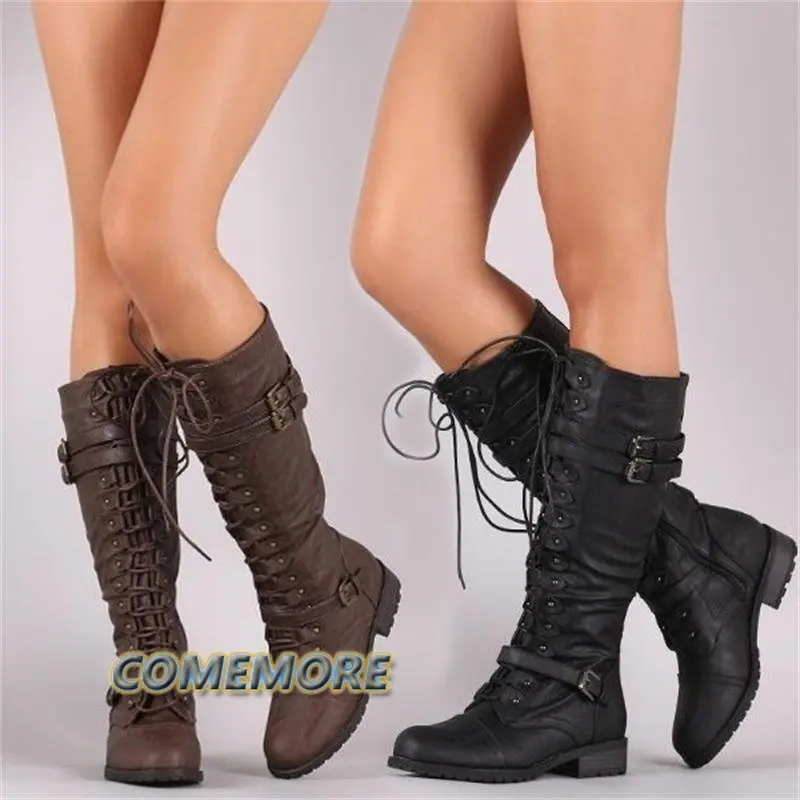 Knee High Women Boots Autumn Woman Shoes Winter Lace Up Vintage Flat Shoes Sexy Steampunk Leather Retro Buckle Ladies Snow Boots