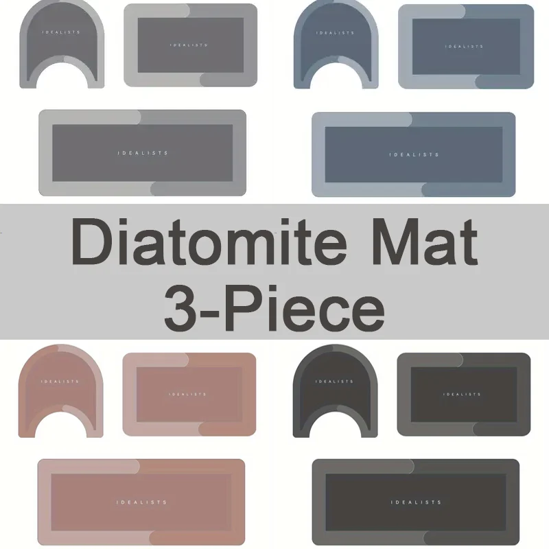 3Pcs Solid Color Diatomaceous Earth Bathroom Mat Set Super Absorbent Non-Slip Quick Drying Mat with Toilet U-Shaped Bathroom Rug