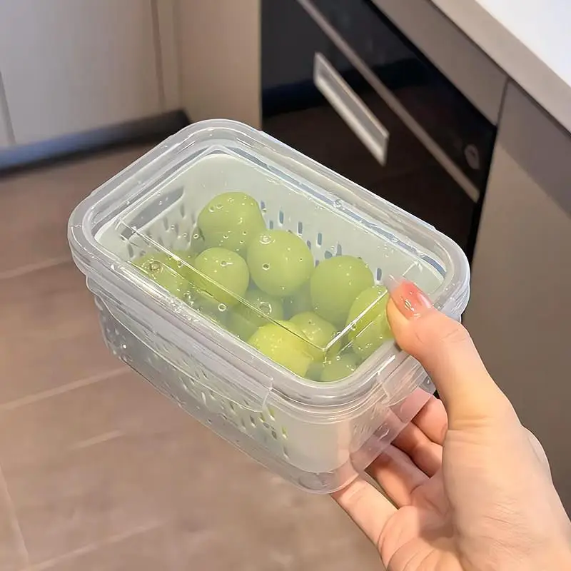 

Food Grade Double Layer Fruit Cup Preservation Box Primary School Student Portable Lunch Box Drain Basket Carry out Plastic C...