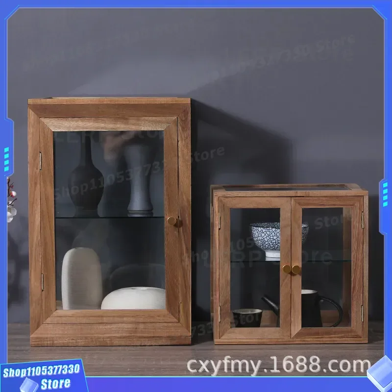 Acacia Wood Frame Display Box for Tea Cup Glass Figure Cultural Relics Storage Case Transparent Showcase Collection Organizer