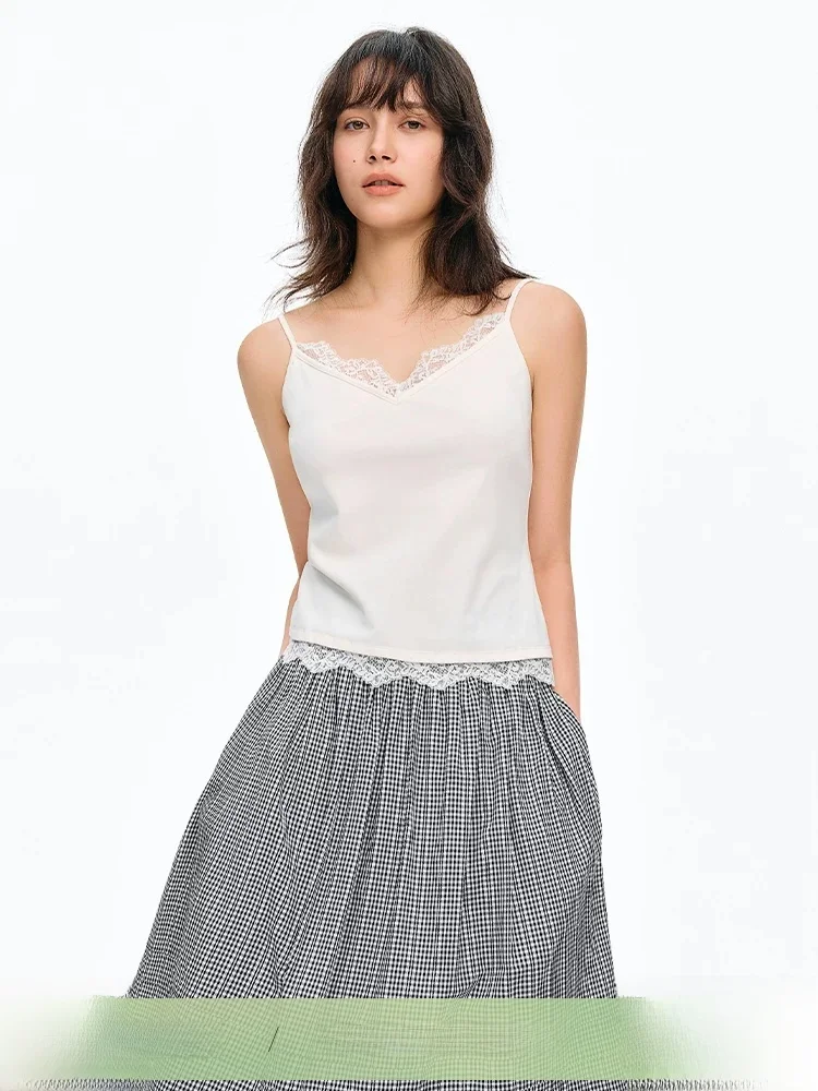 

Lace Trim V-Ne Svel Vest Women's Summer New Sle Versatile Lace Patchwork Bandage Top Cotton Blend ort Length