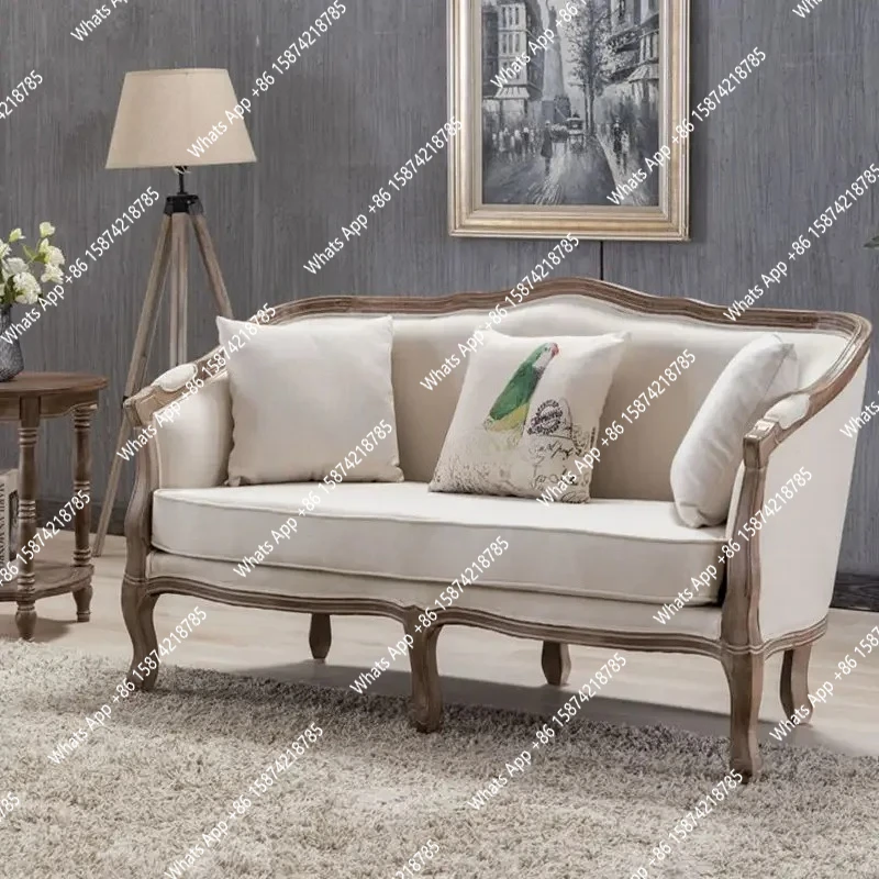 Ln American Country Fabric Solid Wood Sofa Small Apartment Living Room Furniture French Retro Couch