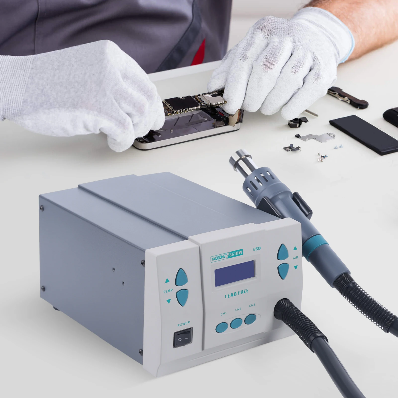 CNCEST Soldering Heat Gun, 1000W Digital Heat Gun Soldering Rework Station AC 110V Large Screen Display 3 Air Nozzles