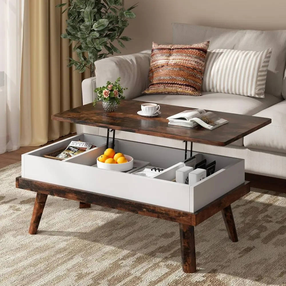 Rustic Brown Lift-Top Coffee Table with Hidden Storage, Versatile for Living Spaces and Offices