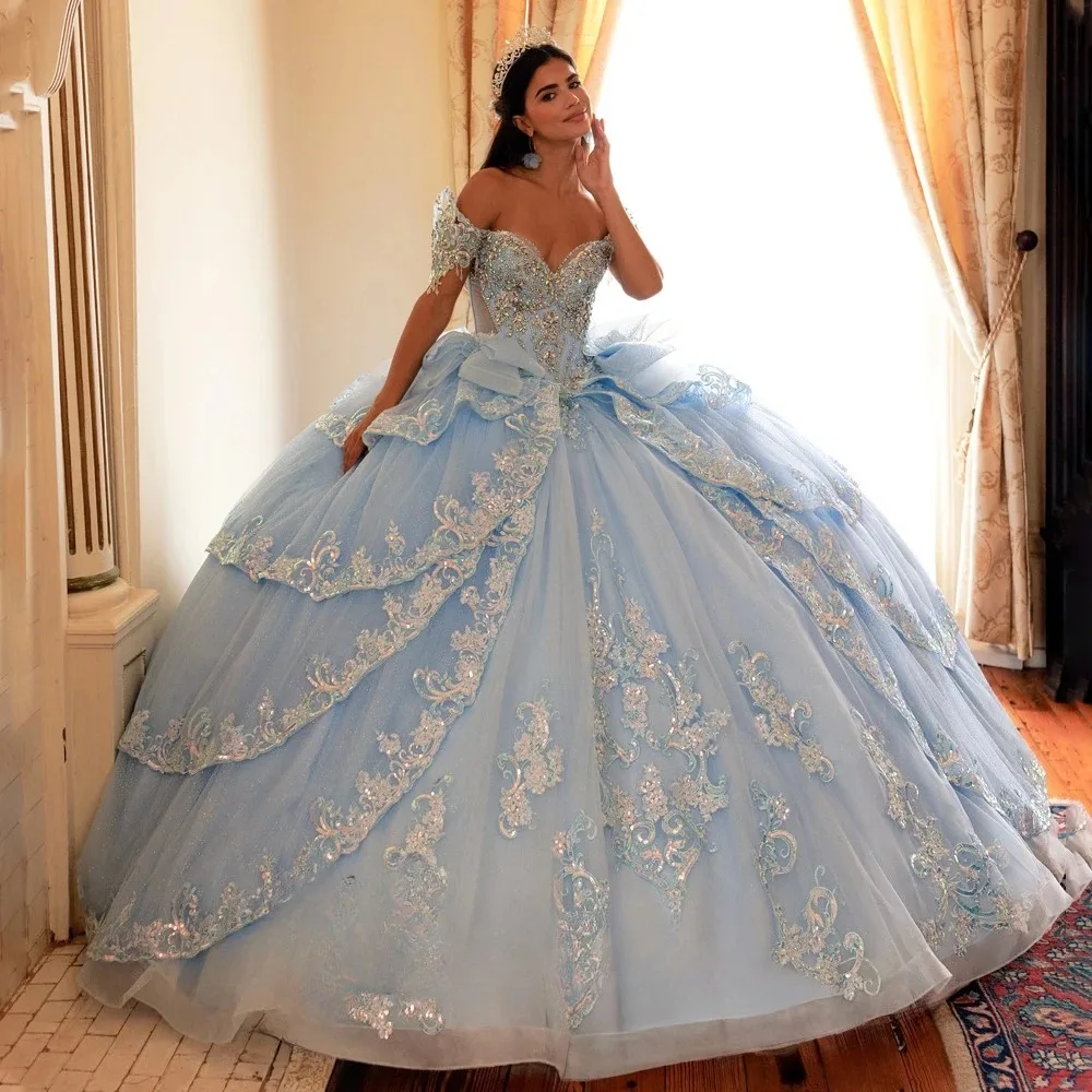 Customized Temperament Stylish Sweetheart Quinceanera Dresses  for Girl Off The Shoulder Layered Vestidos Fashion Ball Gown