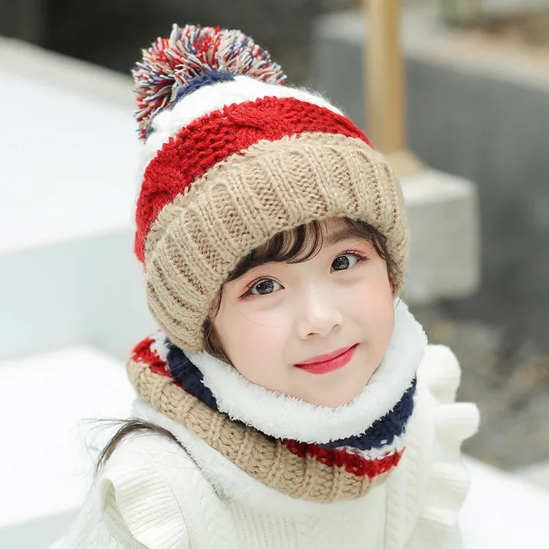 Girl Winter Stripe Beanies Hat Scarf Set Child Braided Cable Knit Pom Pom Hat And Ring Scarves Kids Warm Cap 4-12T Wear Pink