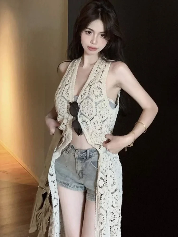 

Long Crochet Cardigan Button Front Sleeveless Sheer Open-knit Long Cover-up Jacket Women Summer Beach Vacation Outfit