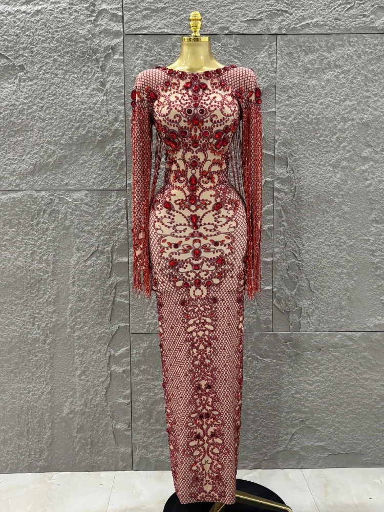 

Классическое блестящее вечернее платье со стразами и кисточками, сексуальное элегантное женское облегающее платье с длинными рукавами, праздничное вечернее платье от кутюр, сценическая одежда