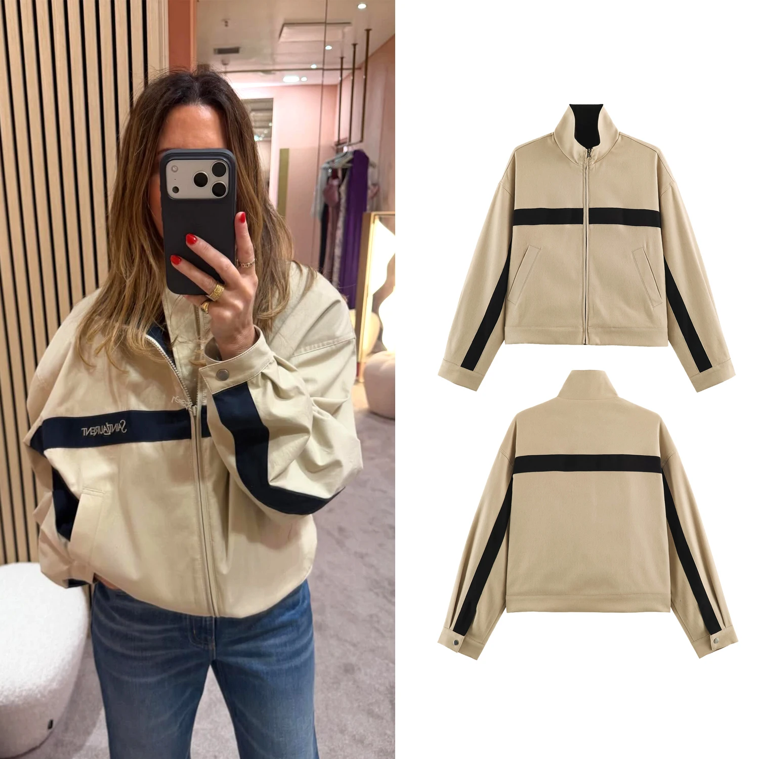 Women Khaki Jackets Autumn Female Chic Color Blocking Stand Collar Long Sleeved Zipper Coats Lady Casual Streetwear Jackets