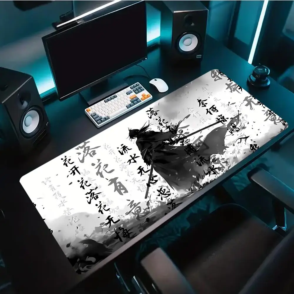 Japanese Ink Calligraphy Zen XXL Gaming Mouse Pad Non-slip Rubber Base Stitched Edges Desk Mat for Gamer Desktop Setup