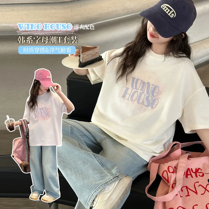 

Girls' Short-Sleeve Jeans Two-Piece Set2026New Summer Fashionable Casual Wear for GirlsTShirt and wide-leg pants set