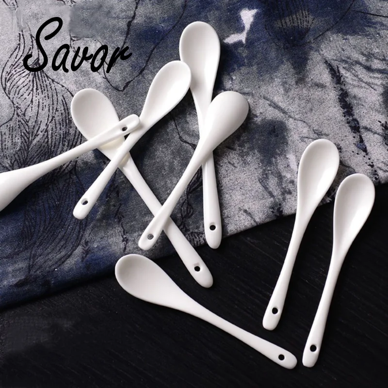 10Pcs S Porcelain Spoons Mini Kitchen Ceramic Tea Coffee Sugar Dessert Spoon Tea Long 커피스푼