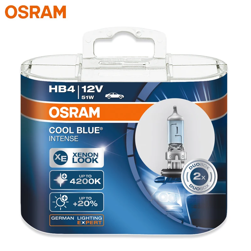 OSRAM 9006 HB4 12V 51W 4200K 9006CBI COOL BLUE INTENSE Bluish White Halogen Bulb Car Light 20% More Light Xenon Stylish Look 2X