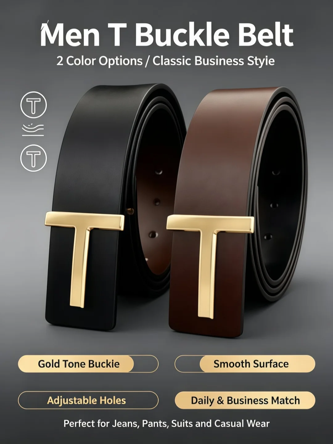 2Pcs Stylish Men Waist Belts Collection, Vintage Gold T‑Alphabet Buckle Smooth Belts For Office Business Daily Casual Outfit Acc