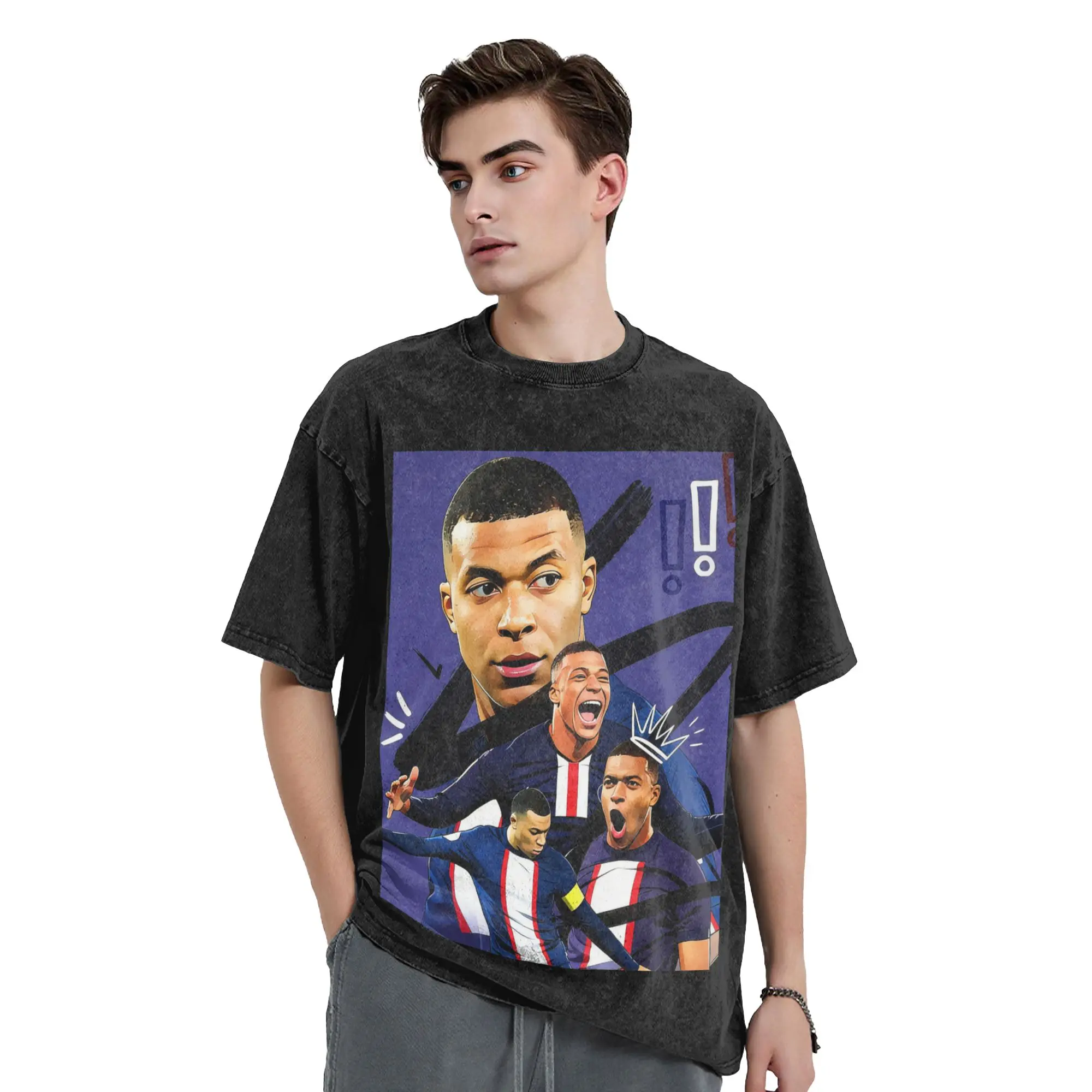 Mbappes Washed T Shirt Streetwear Hip Hop Retro T-Shirt Football Soccer Tees Tops Men Women 100% Cotton Street Printed
