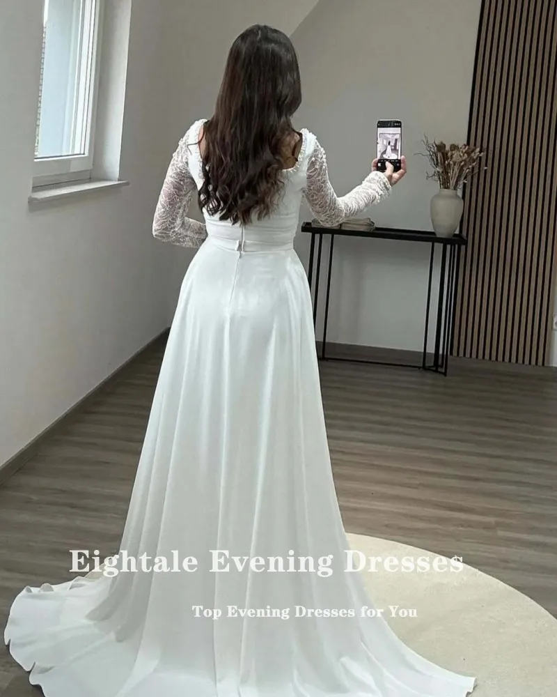 Eightale Arabic Evening Dress for Wedding Party Long Sleeves V-Neck Ivory Stretchy Satin Mermaid Customized Beaded Prom Gown