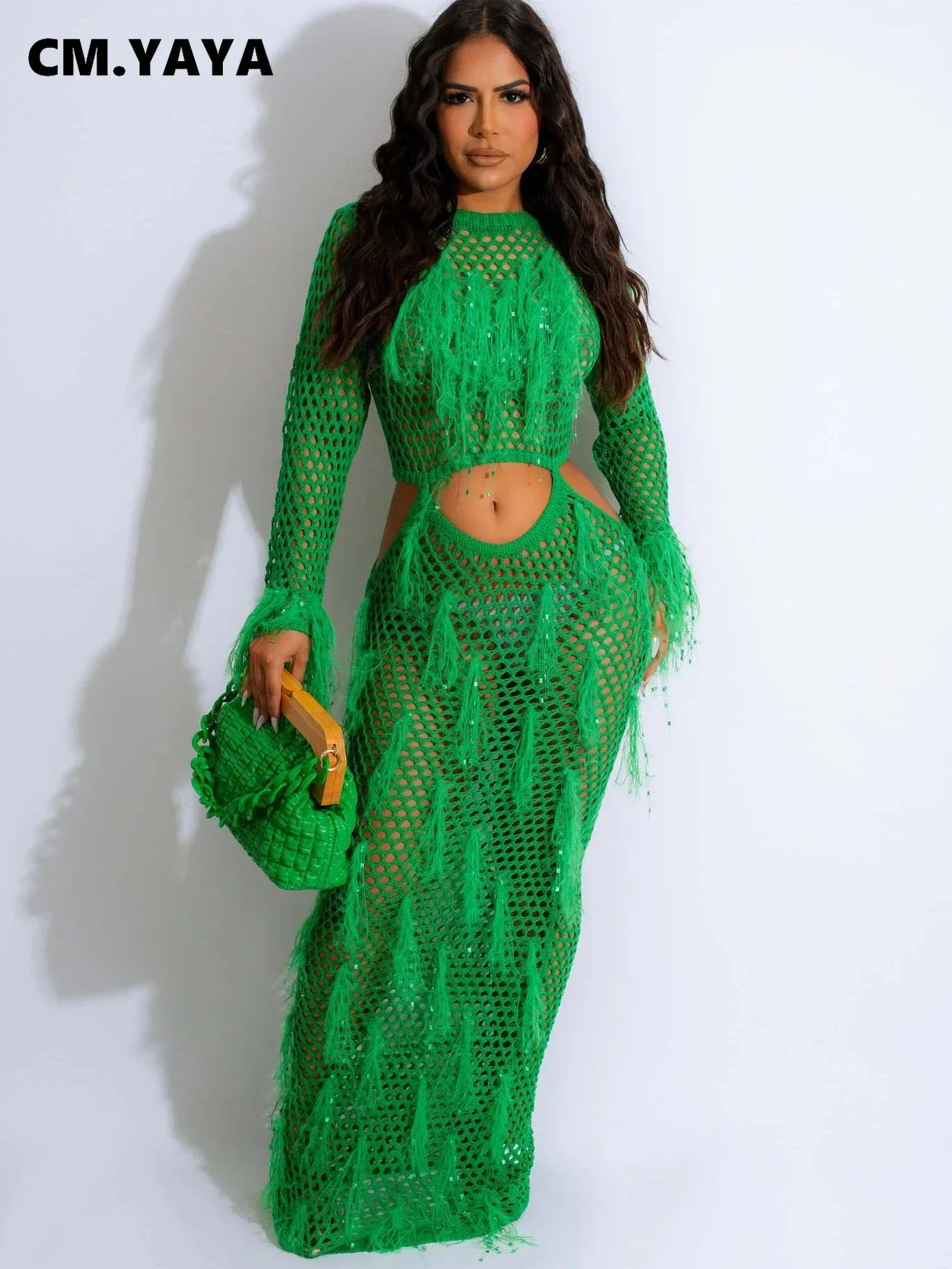 Women Ribbed Knit Crochet Hollow Out Cutout Waist Tassel O-neck Maxi Dress 2023 Fashion Beach Vestidos Sexy Dresses