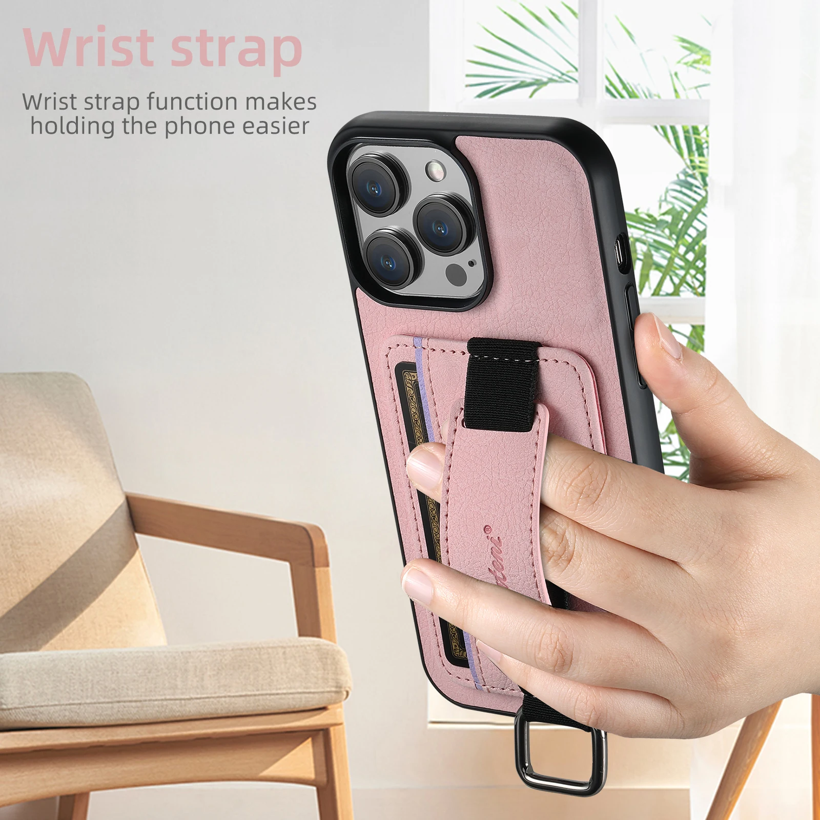 SUTENI Lychee-Haut-Print Handgelenkband Karten-Handyhülle Kartenhalter für iPhone 17 Pro Max 16 Plus 15 14 13 12 11 XR XS – Detail 22