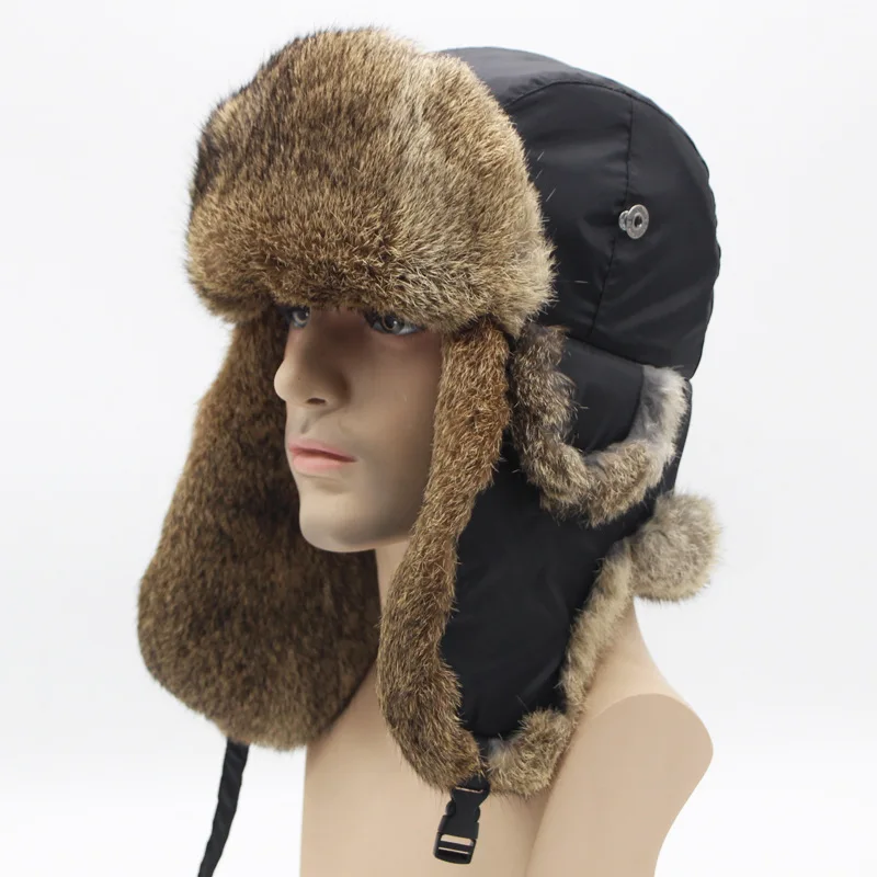 

High Quality Rabbit Fur Bomber Hat Winter Warm Men's Clothing Grass Rabbit Fur Caps Thickened Ear Protection Hat