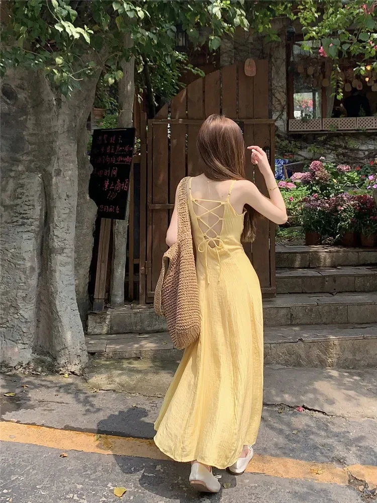 Fashion Summer Holiday Yellow Long Strap Dress Women New Boho Style Backless Beach Dress Seaside Fairy Slim A-line Photo Dress