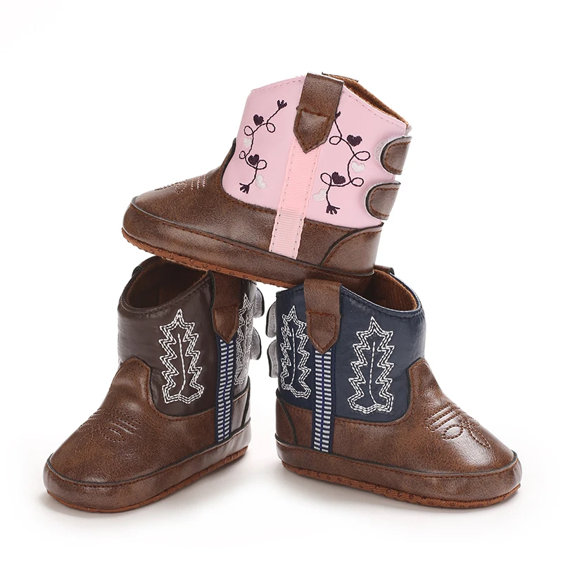 Fashionable Embroidered Pattern Preschool Boots with Anti Slip Rubber Bottom Leather Baby's Walking Shoes