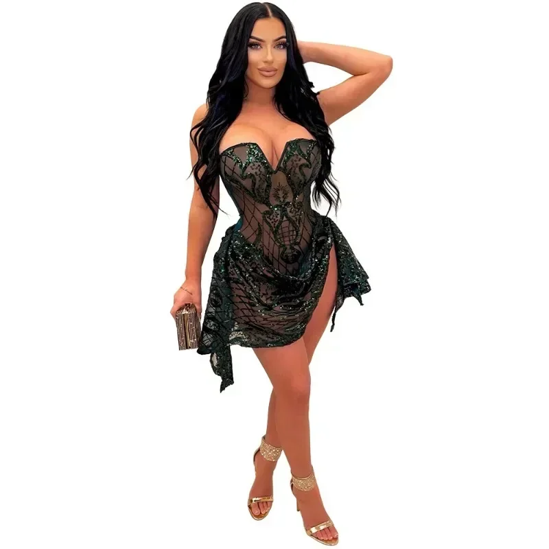 KEXU Sexy Mesh See Through Party Nightclub Birthday Women Dress Sequined Strapless V-neck Sleeveless Ruched Prom Short Dresses