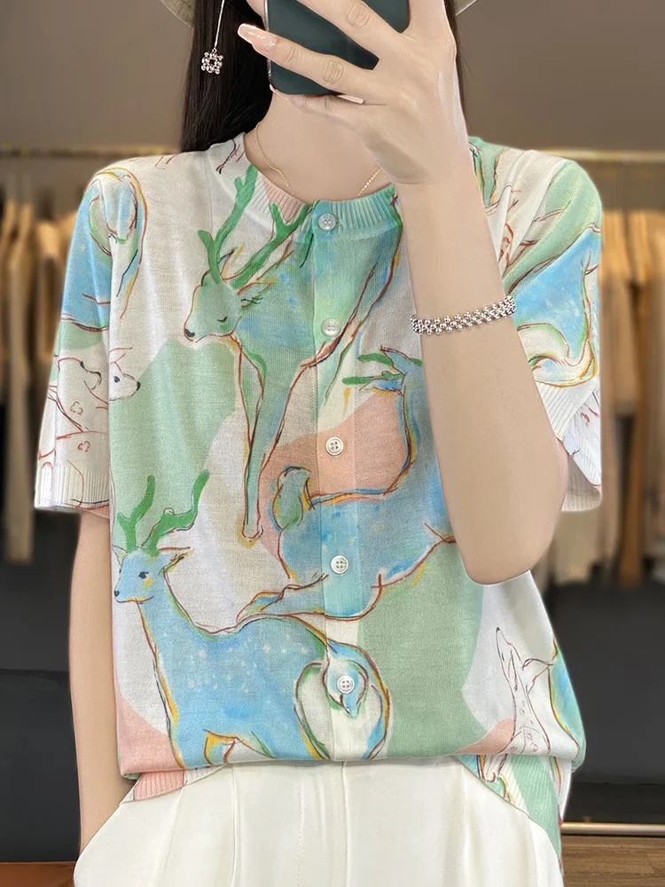 New Arrivals Women\'s T-Shirt Wool Short Sleeve Cardigan Silk O-Neck Tees Summer Printing T-Shirts High End Elegant Fashion Trend