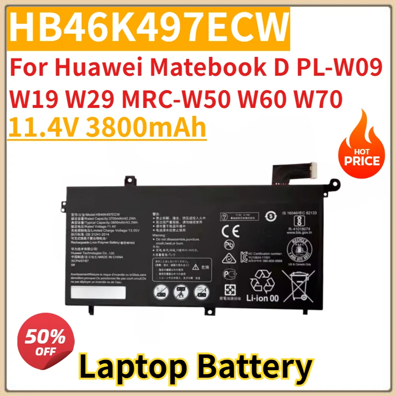 

Laptop Battery 11.4V 3800mAh HB46K497ECW For Huawei Matebook D PL-W09 W19 W29 MRC-W50 W60 W70 Brand-New High Quality