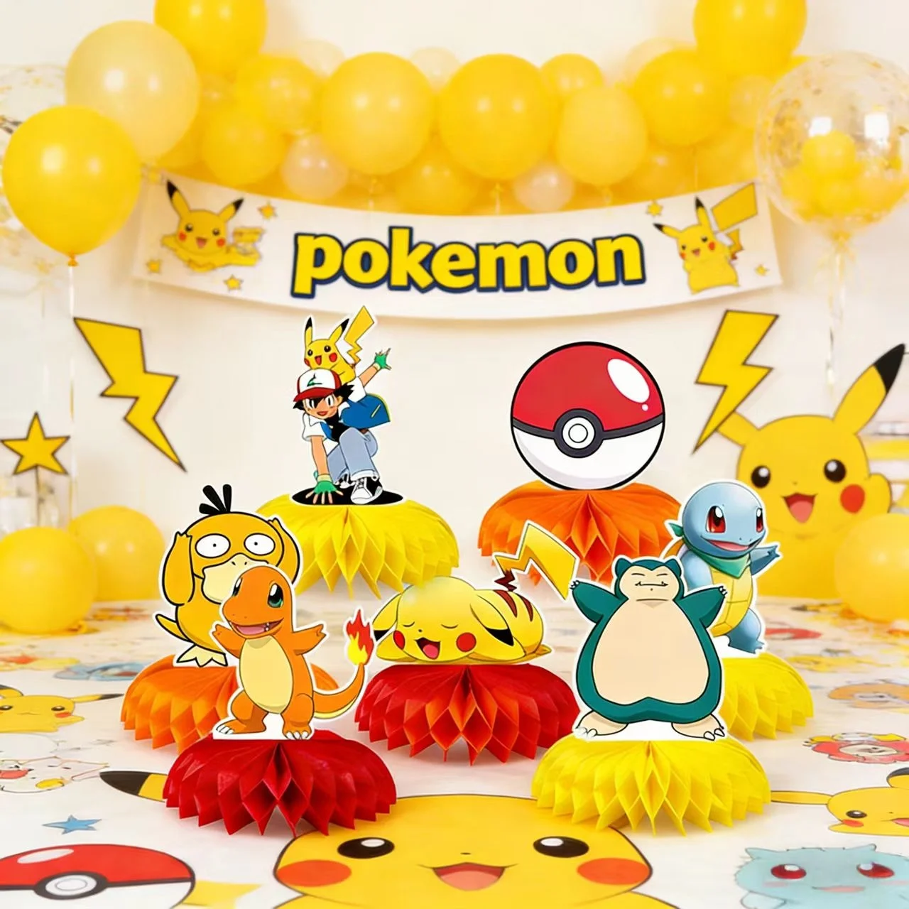 Decoración de Escritorio con Diseño de Panal de Abeja de Pikachu Pokemon, Adornos para Mesa de Fiesta de Cumpleaños de Pokemon, Decoración para Fiestas Infantiles y Baby Shower