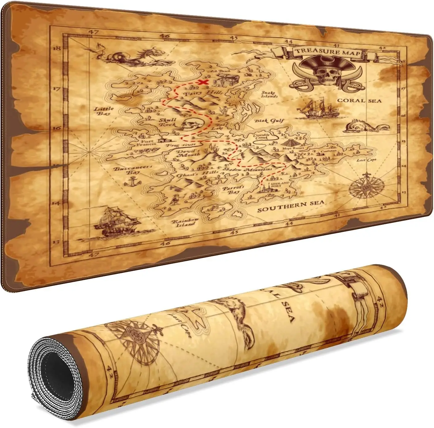 Nautical World Map Pirate Mouse Pad Non-Slip Rubber Mouse Pad with Stitched Edges Waterproof Mouse Mat for Office 35.4" x 15.7"