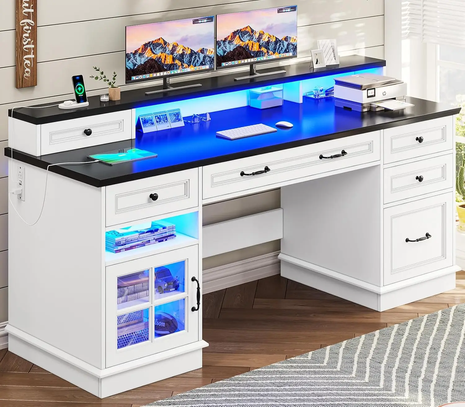 

Executive Desk With File Drawer Monitor Stand Storage Cabinet Charging Station LED Lights White, Customized