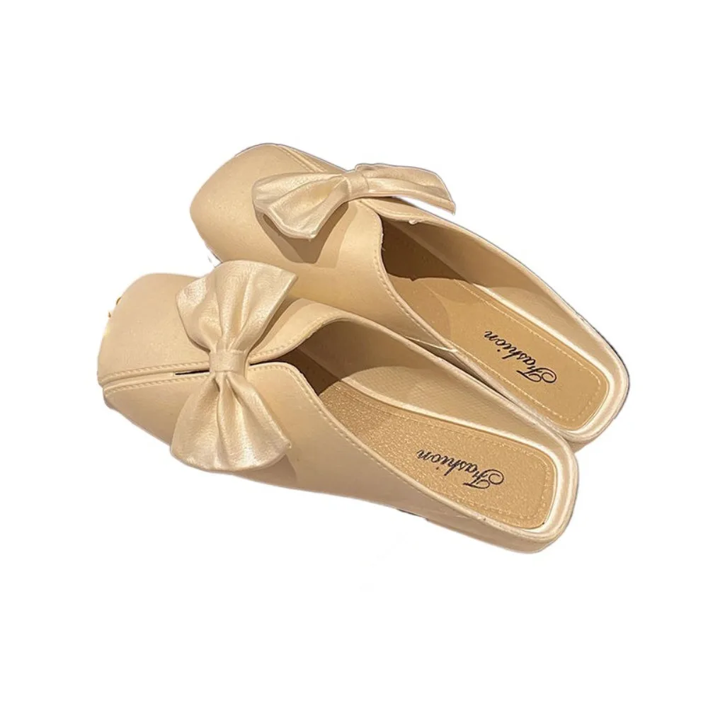 

Повседневные нескользящие кожаные тапочки с бантом, мягкая подошва, милые шлепанцы в корейском стиле, сандалии из ПВХ, женская обувь на низком каблуке на плоской подошве, лето