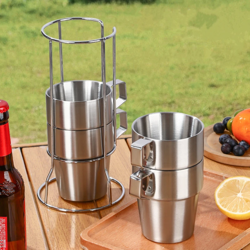 4pcs Stainless Steel Camping Cup Set Hiking Portable Tea Coffee Beer Mug with Rack Outdoor Picnic Travel Water Cups Drinkware