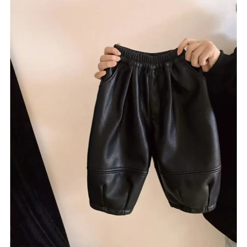 

Children's Winter Leather Pants New Style for Boys and Girls with Velvet Thickened Warm Loose Pants 90-140CM