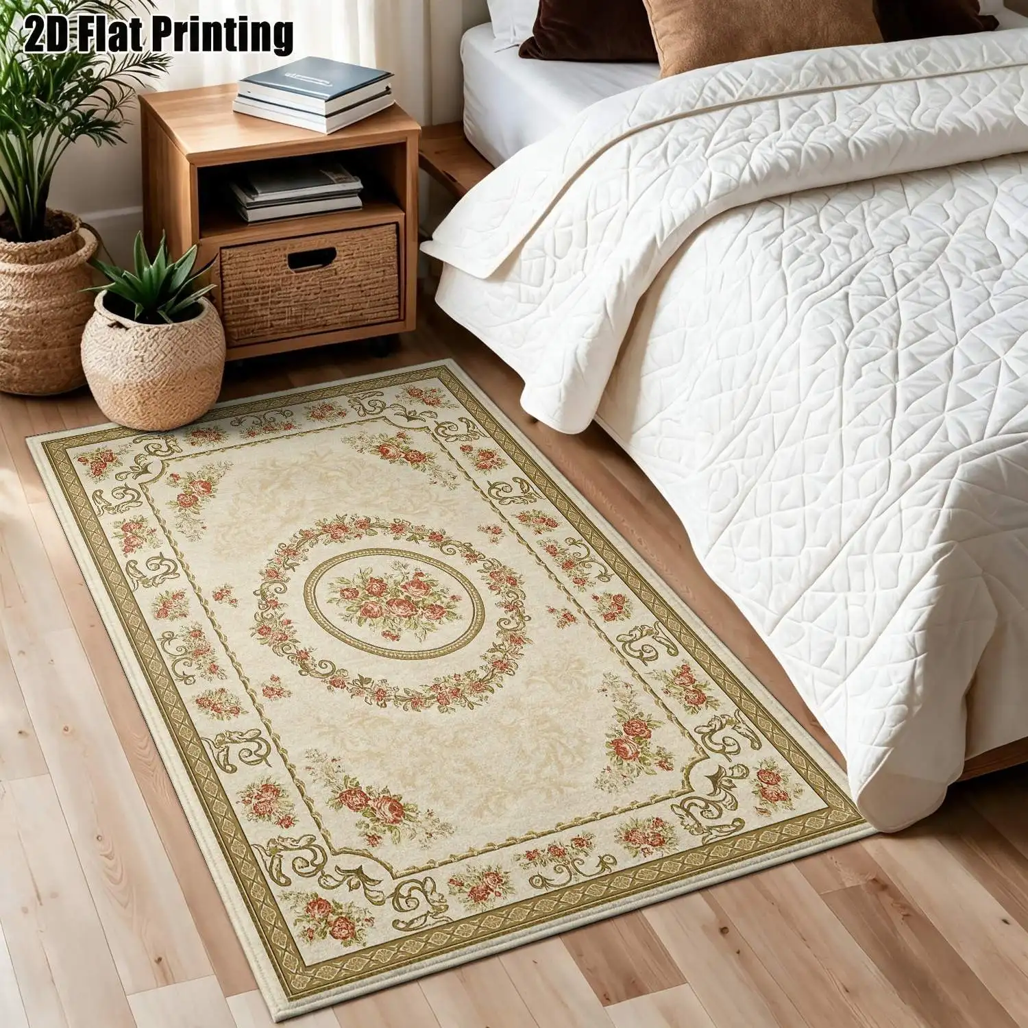 1Pc 2D Printed Beige Base Pink Floral Carpet, European Vintage Style for Home Decor, Multiple Sizes, Machine Washable, Suitable for Entrance, Dining, Foyer, Living Room, Bedroom