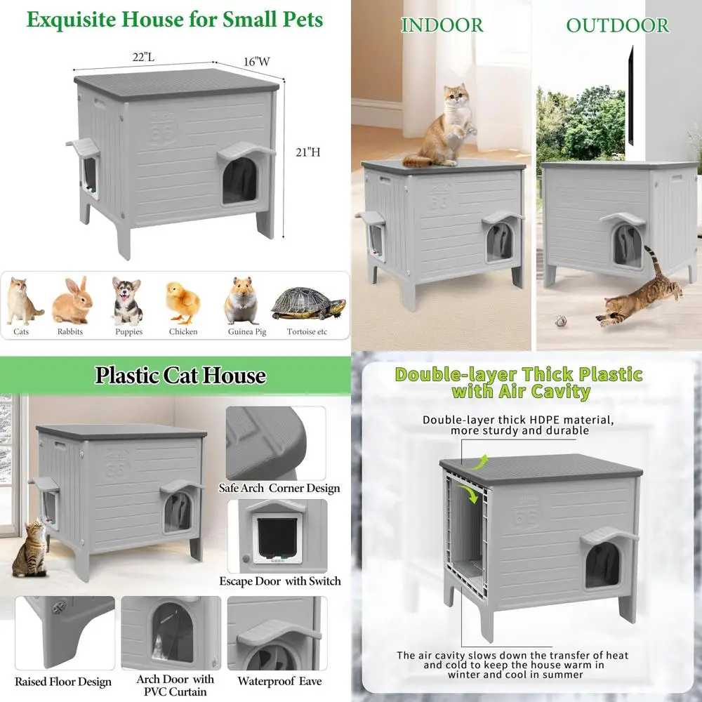 

Outdoor Waterproof Plastic Cat House with Escape Door, Suitable for Feral and Pet Cats, Rabbits, and Puppies (Grey)