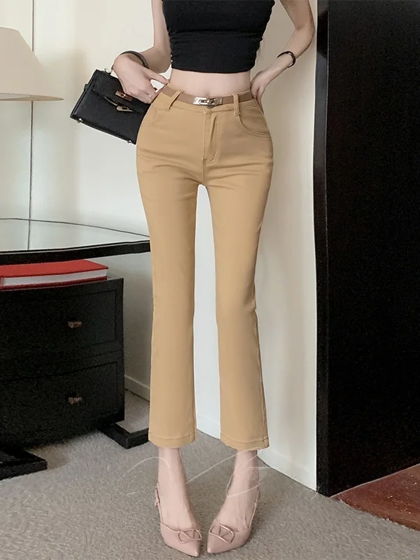 

Khaki Color Slim Fit High Waist Cotton Stretch Denim Butt Lifting Nine Points Women's Jeans Stylish Petite Friendly Capris