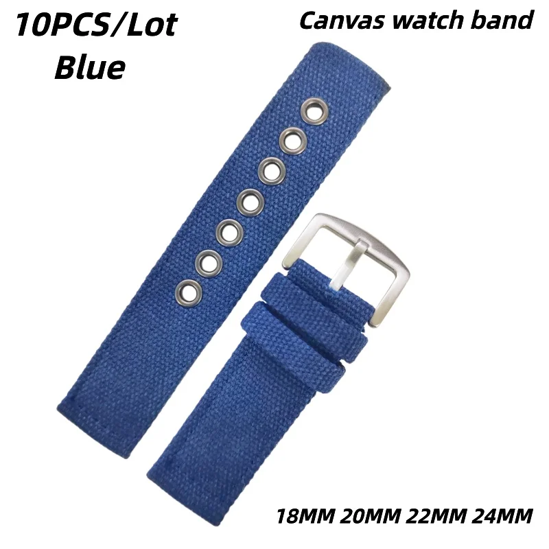10PCS/Lot Blue Canvas Watch Strap Wholesale 18MM-24MM Watch Bands with Stainless Steel Buckle For Men And Women