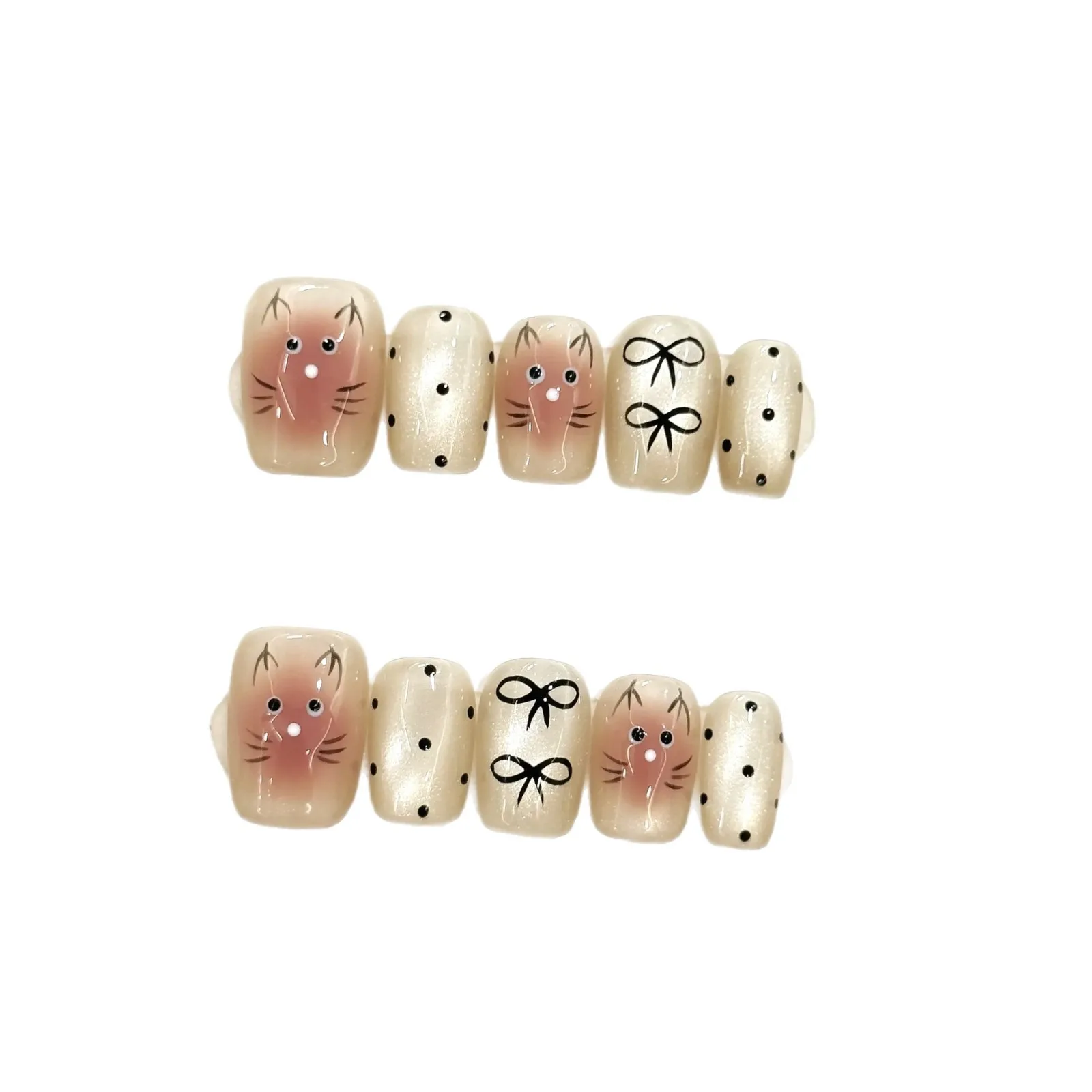 10PCS Handmade Cat Eye Nails Short Square Cute Siamese Kitten Design Transparent Gradient With 4-PIECE Tools Nail Adhesive Tabs