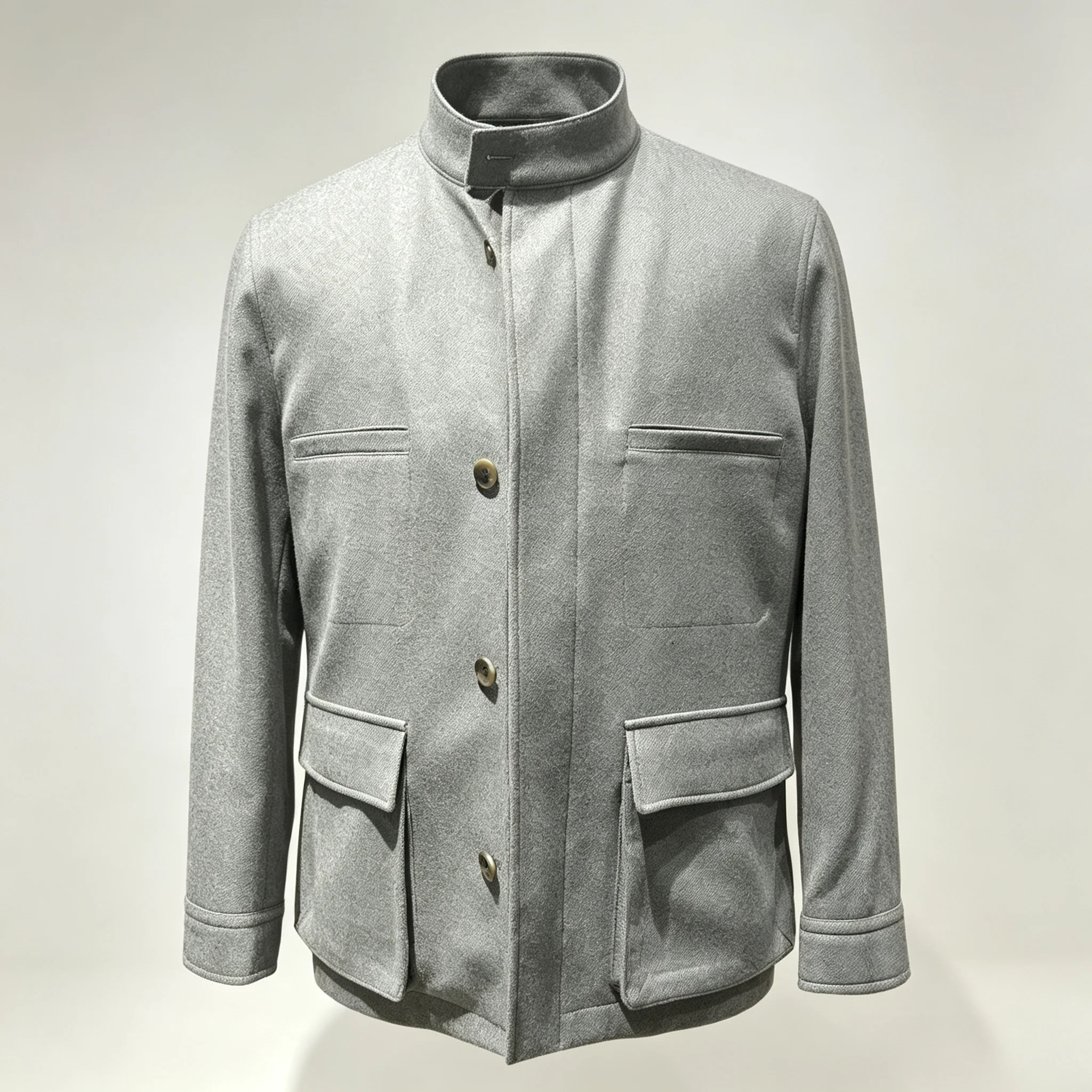 Luxury Wool‑Cashmere Matching Men Suit Stand‑Collar Casual Long Sleeve Button Multi-Pocket Coat Outfit Jacket Outerwear