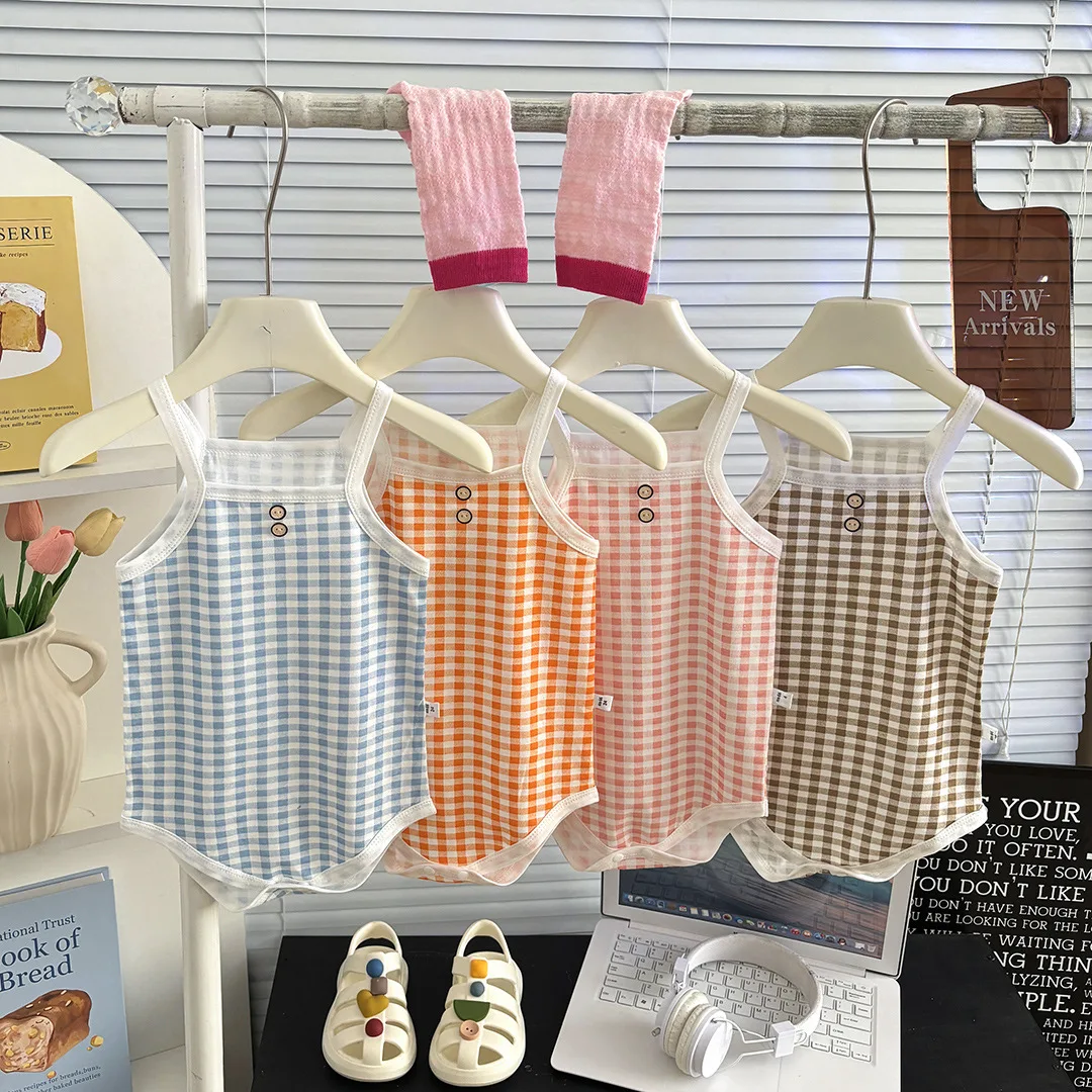 0-2Y Summer Casual Newborn Baby Bodysuit Plaid Sleeveless Romper for Toddler Boys Girls Soft Thin Infant Clothes Daily