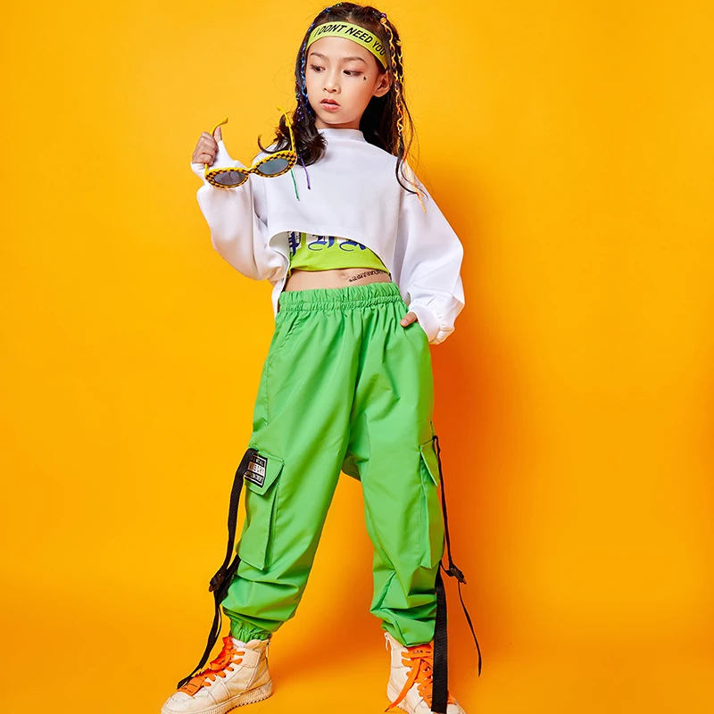 Girls Hip Hop Jogger Cargo Pants Sport Crop Sweatshirt Tank Top Clothes Sets Kids Batwing Sleeve Outfits Teen Child Street Dance