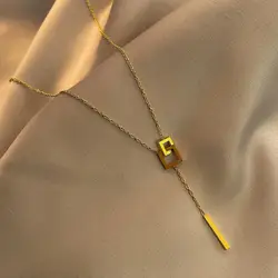 Stainless Steel Creative Design Gold Color Geometric Square Cross Pendant Necklace for Women Charm Long Choker Jewelry Colorfast