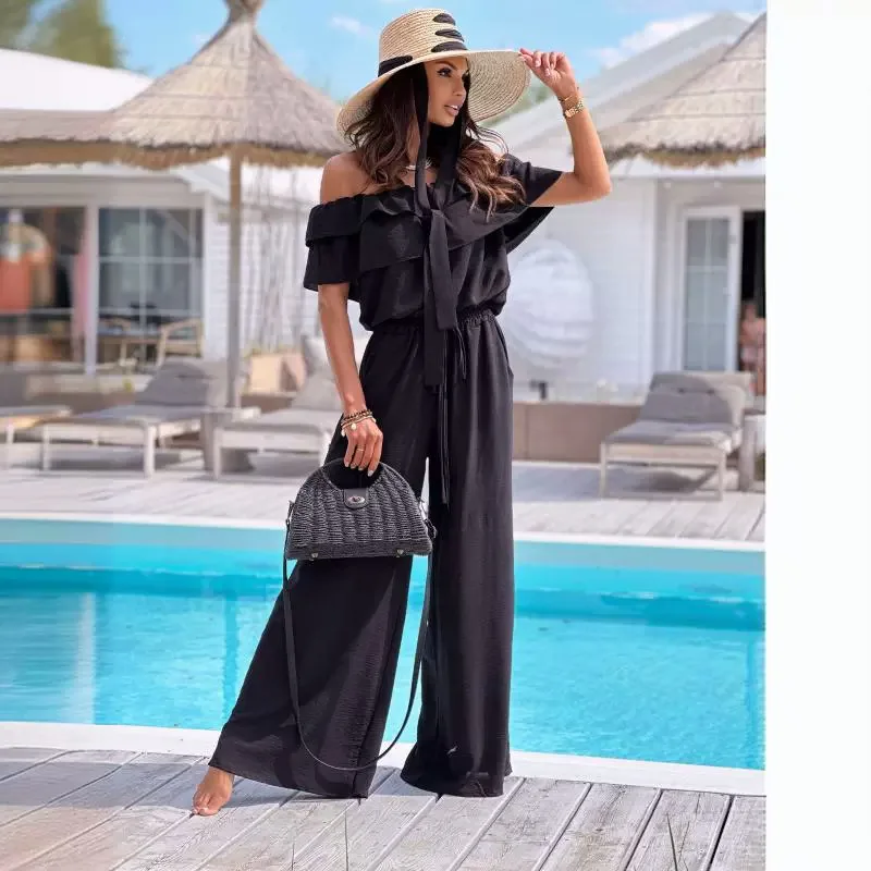 New One line Neck Short Sleeves Solid Color Waist Closing jumpsuit Long Pants Summer Style Commuter Off Shoulder jumpsuit