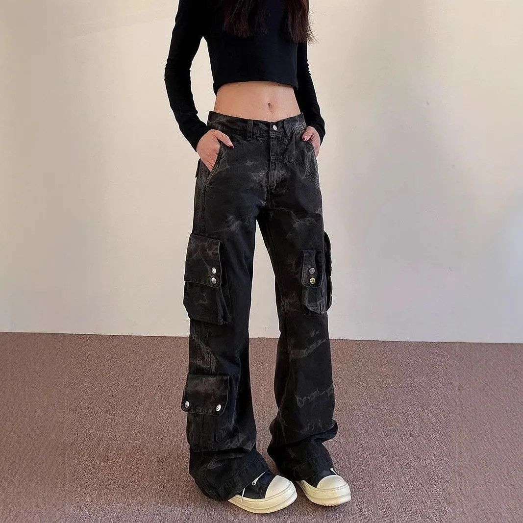 

Retro American Washed Multi-Pocket Work Pants Women Summer New Style Bell Bottom Wide Leg Trousers Casual High Waist Jeans