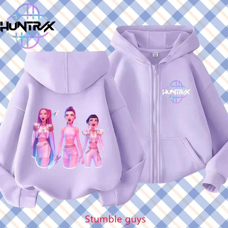 

2026 New Kpop Demon Hunters Kids Purple Zip Hoodie Spring Autumn Cool Boys Girls Casual Match Coat