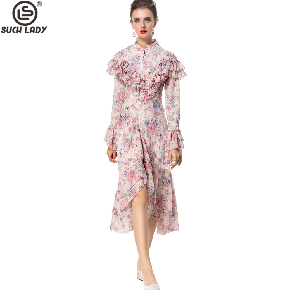 

Women's Dresses Stand Collar Long Sleeves Floral Printed Ruffles Elegant Designer High Street Vestidos