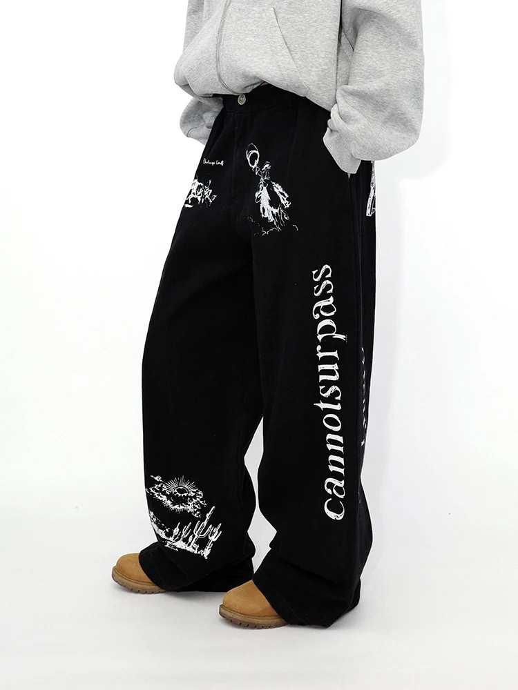

Loose Wide Leg Pants Graffiti Street Dance Sports Jazz Dance Black And White Dyeing Utility Pants Casual Trousers for Women