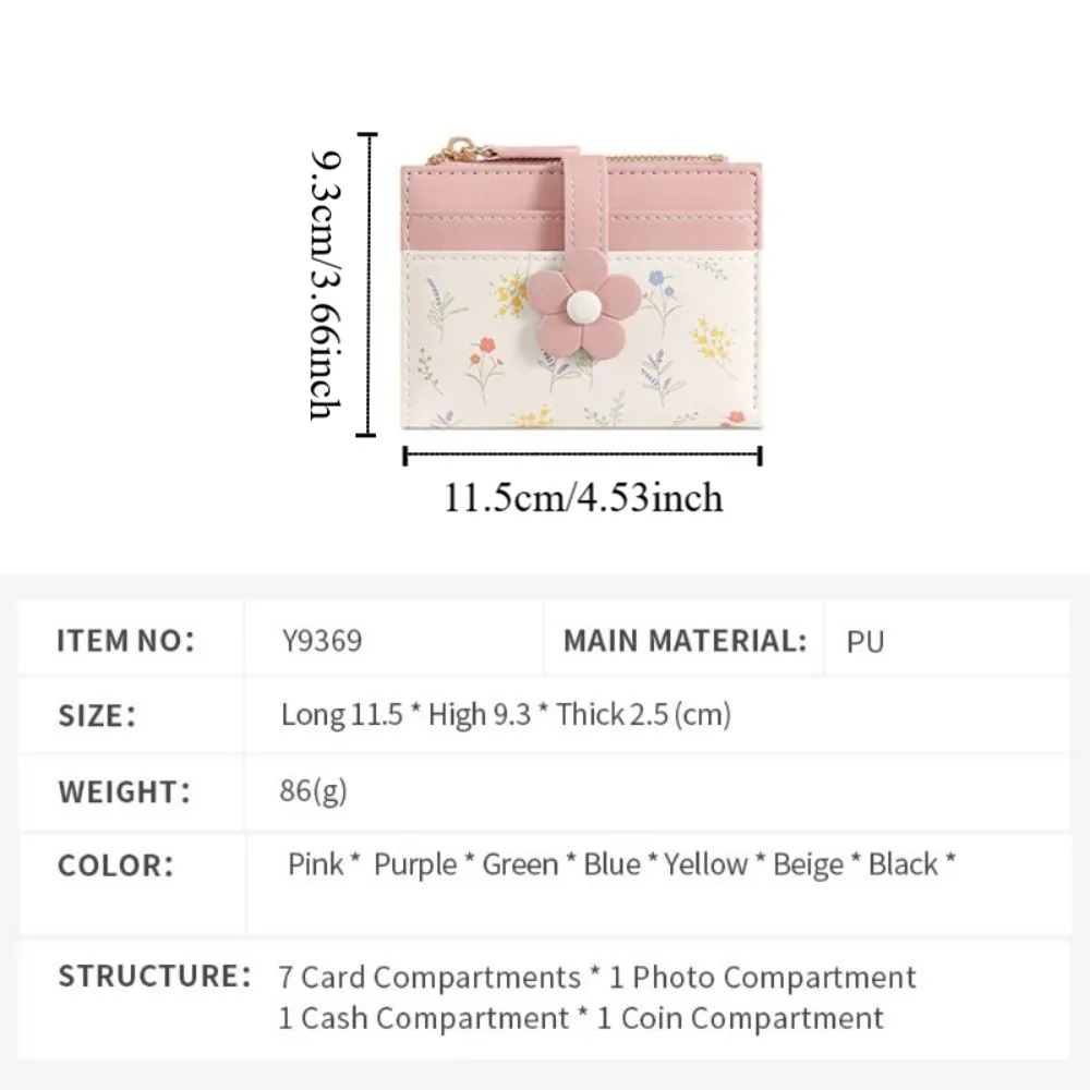 Flowers Printed Mini Coin Purse Multi-Cards Slot Zipper Women's Short Wallet Portable PU Leather Small Card Bag Key Protector