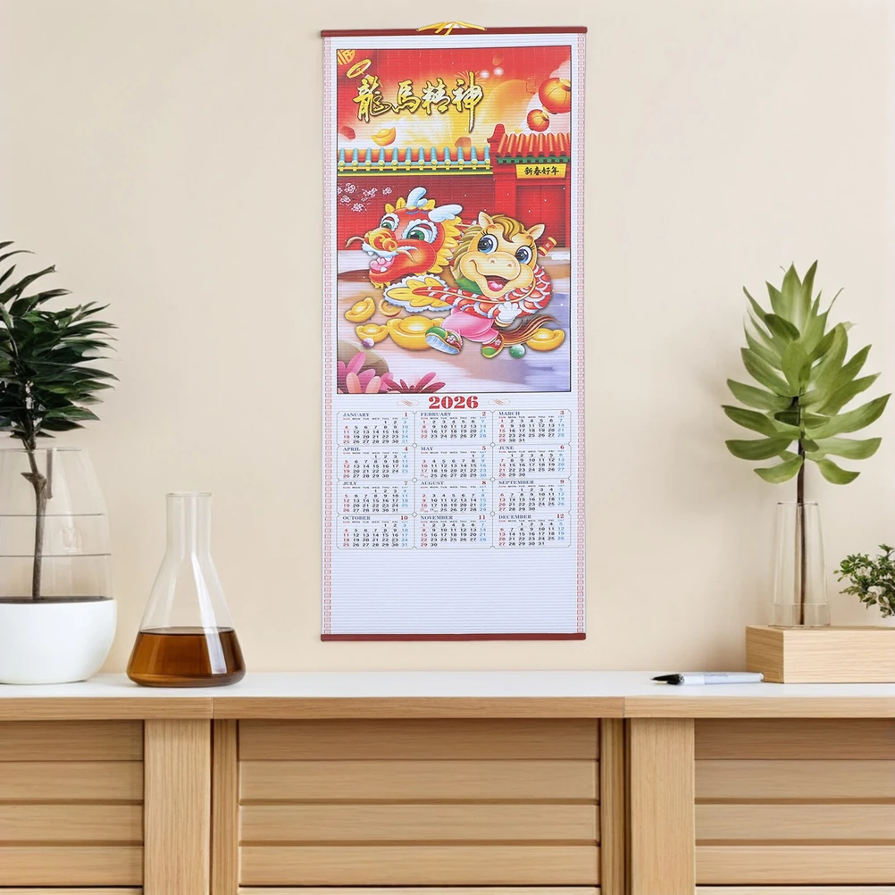 

2Pcs Horse Year Wall Scroll Calendar Faux Rattan Hanging Decoration 2026 Traditional Chinese Lunar Calendar Home Office Planner